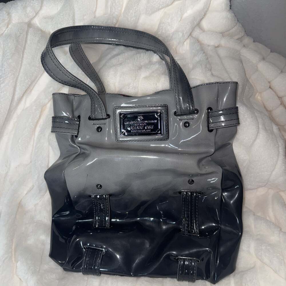GIANNI BINI Gray Contemporary Shoulder Strap Large Shiny Purse Bag Plaid Lining
